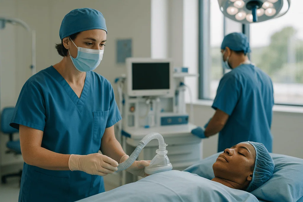 Anesthesia preparation with mask, not laparoscopic surgery: Step 1: Anesthesia, safety checks, and inflating the abdomen