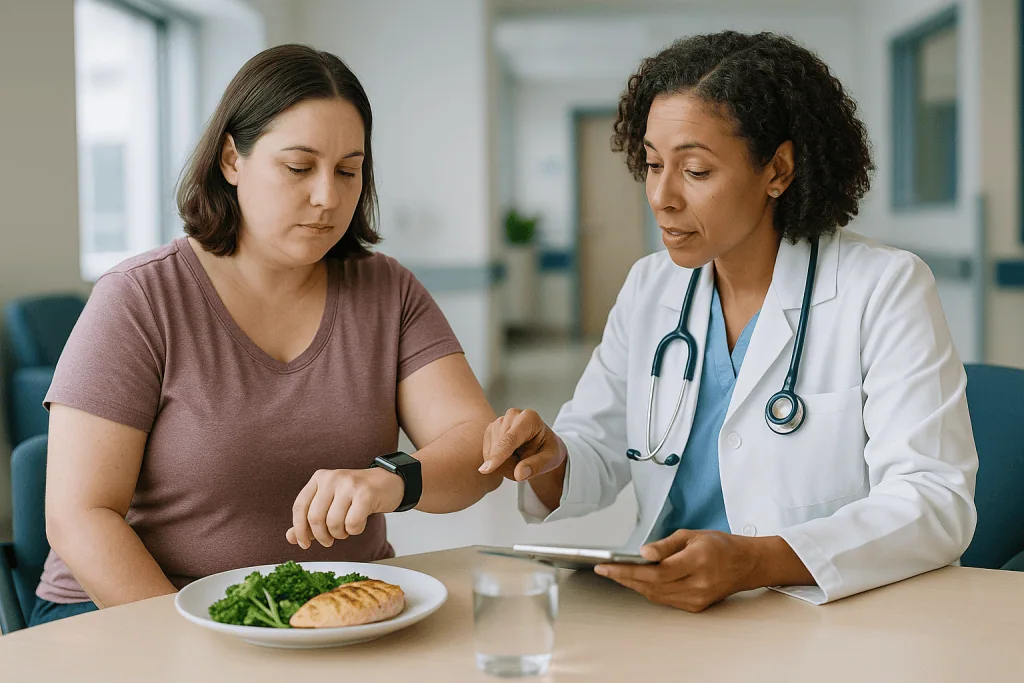 Doctor reviewing smartwatch data with patient eating healthy meal: Step 1: Find Your Maintenance Calories (What Your Body Bu