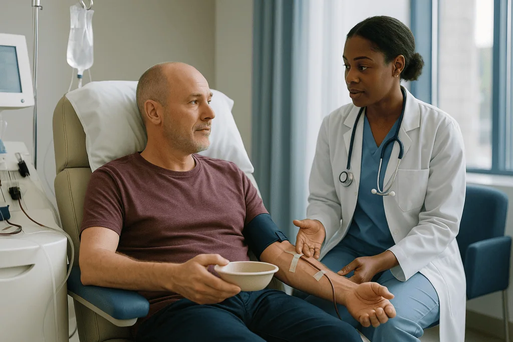 Doctor examining patient's arm in hospital room — Step 1: Leukapheresis — what collecting your T cells feels like