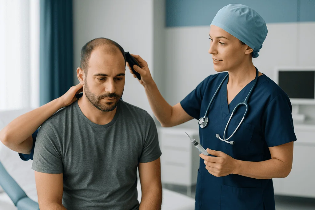 Healthcare provider examining patient's head during consultation: Step 2: Preparation on the day, from trimming to local ane