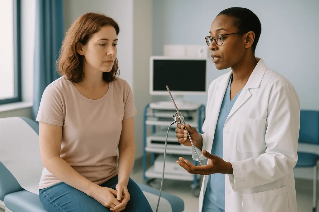 Female patient consulting with female physician in clinical setting: Step by step: what actually happens in the room