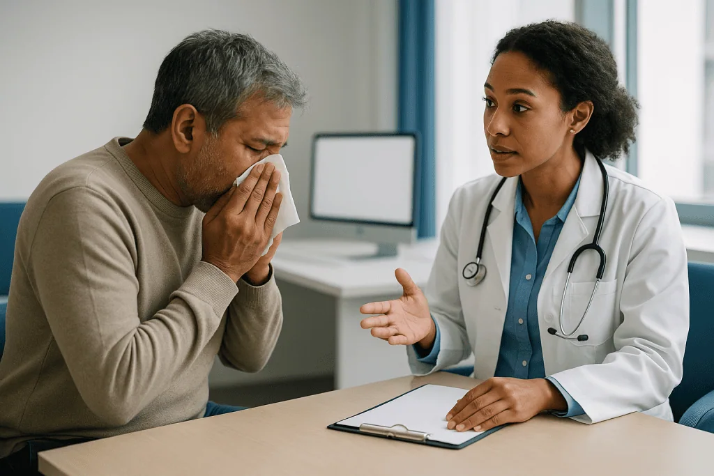 Doctor consulting patient in clinical office setting: Step one: confirming the sneezing really is allergic