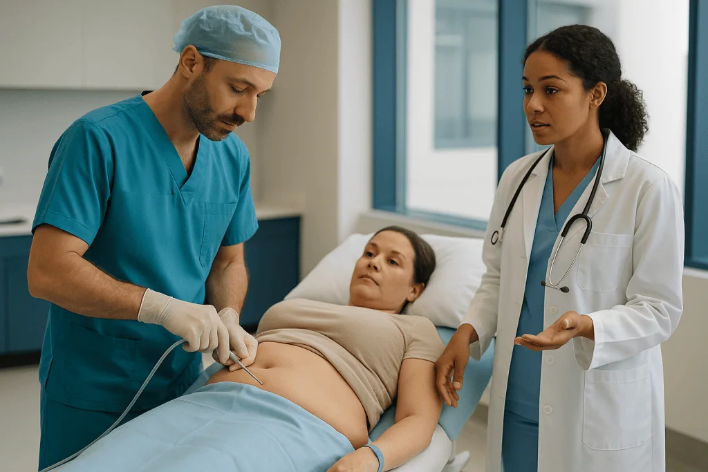 Pregnant woman receiving ultrasound examination from medical team: Step one: harvesting fat with gentle liposuction