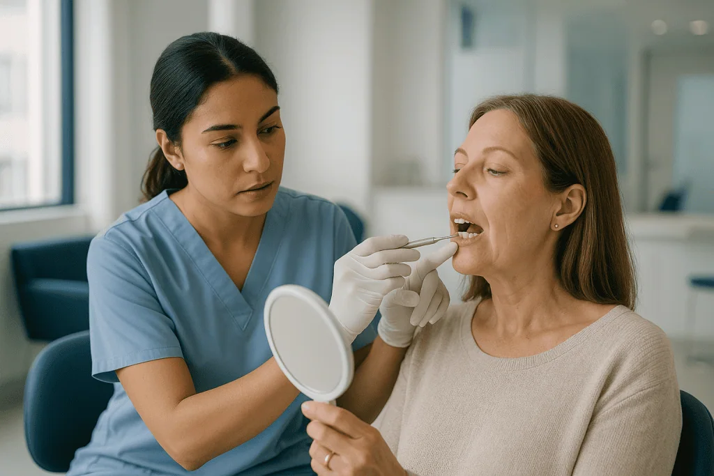 Dentist examining patient's mouth with mirror: Step one: how dentists map the gum line before any cutting