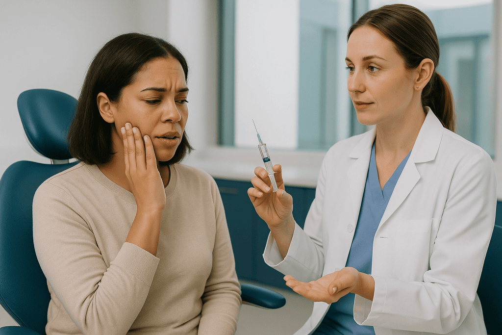 Doctor showing syringe to anxious patient in consultation: Step one: how the numbing works