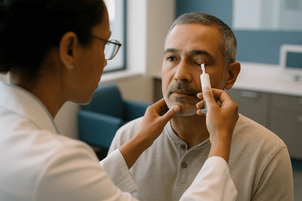Healthcare provider examining patient's eye area: Step one in the prosthetic eye fitting process: the socket impression