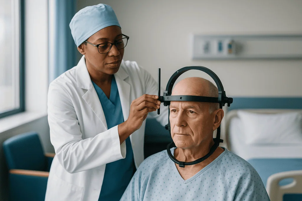 Neurologist fitting stereotactic frame on patient's head: Step one on surgery day: fixing the head and confirming the target