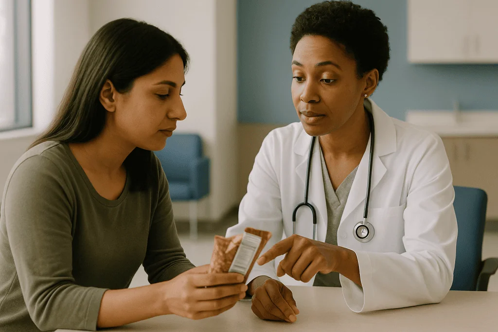 Doctor consulting patient about medication or product: Step one: read the serving size before you read anything else