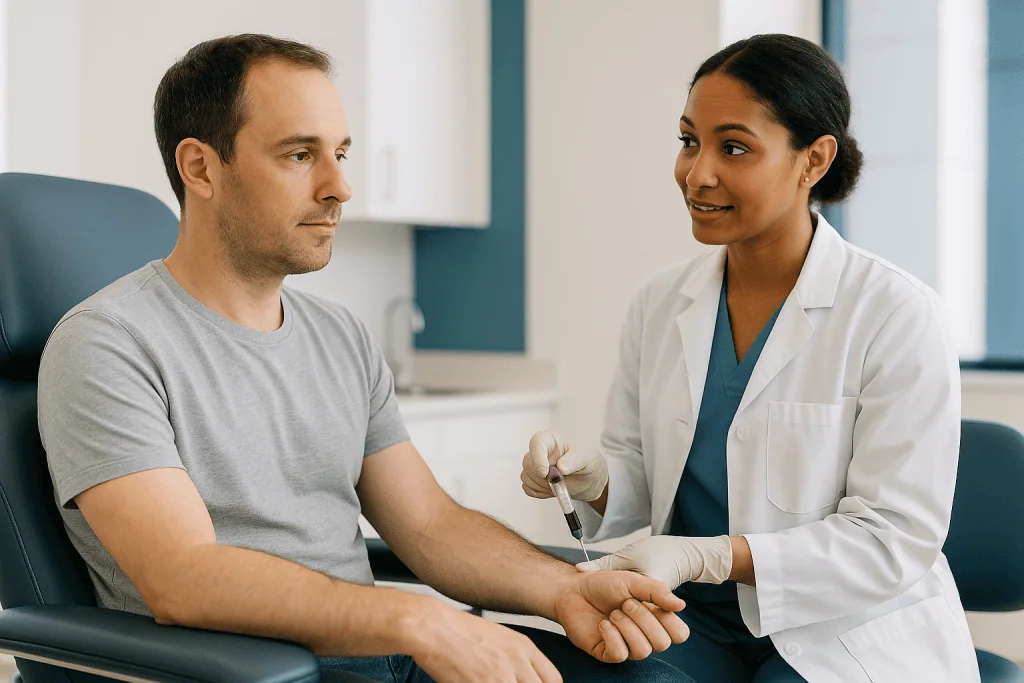 Doctor drawing blood from patient's arm in clinic: Step one: the blood draw
