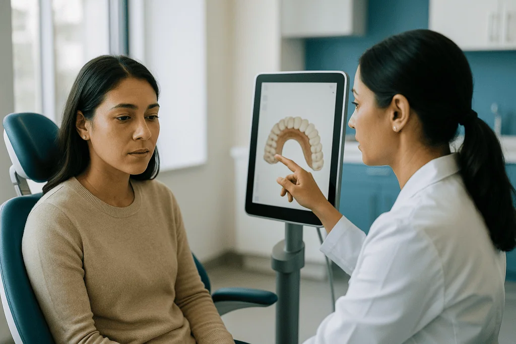 Dentist showing clear aligner model to female patient: Step one: the consultation, records and digital scan