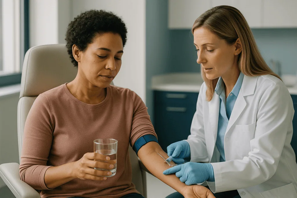 Doctor drawing blood sample from patient arm: Step one: the morning cortisol test