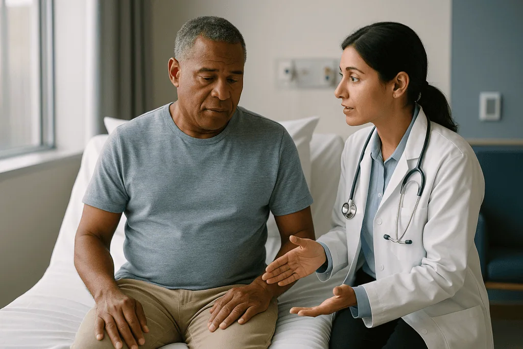 Doctor consulting with male patient in clinic setting: Step one: wet, dry, or both? How teams assess fluid status