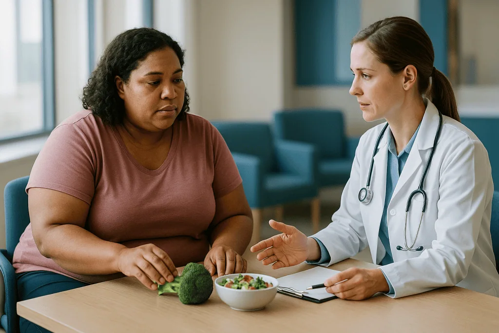 Doctor consulting patient about nutrition and healthy eating: Step one: what the evidence says about nutrition for weight lo
