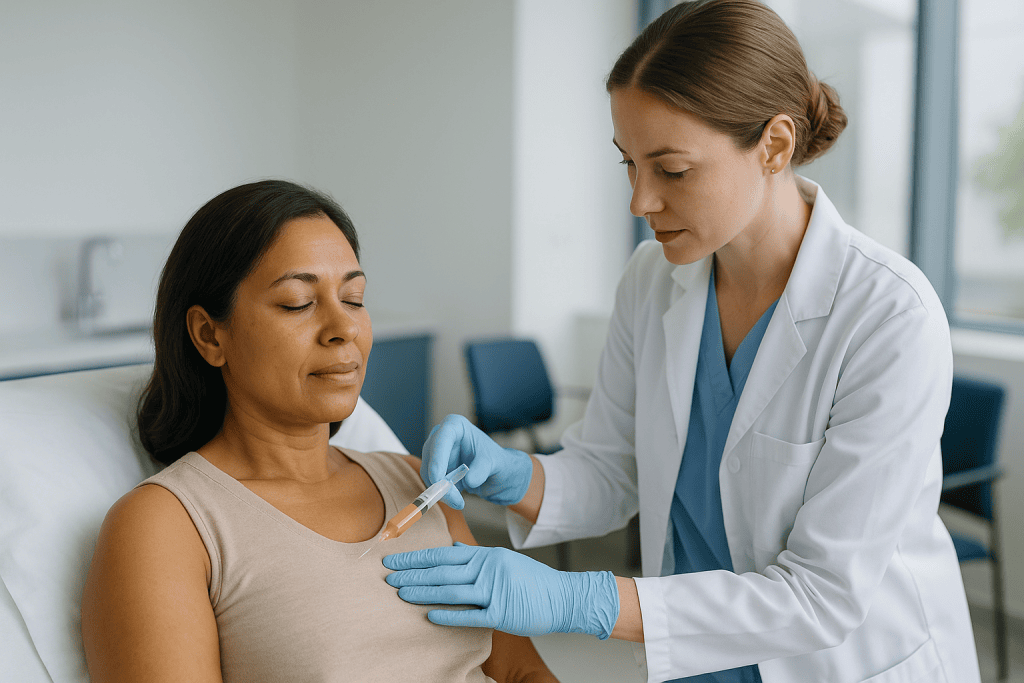 Female patient receiving injection or vaccination from doctor: Step three: injecting the fat in fine threads, layer by layer