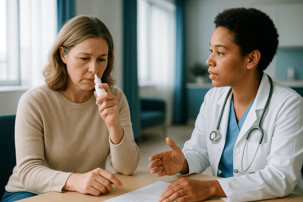 Doctor consulting patient about nasal spray medication: Step three: the medicines usually tried first, and why they seem to 