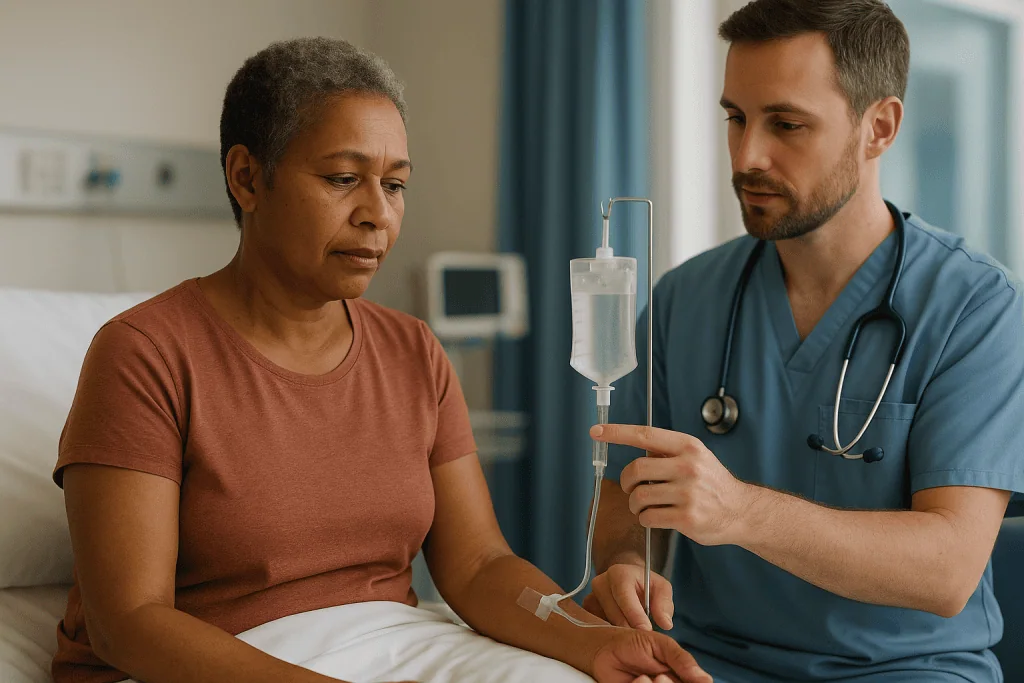 Healthcare provider explaining IV infusion to adult patient: Step two: how the insulin infusion switches off ketones