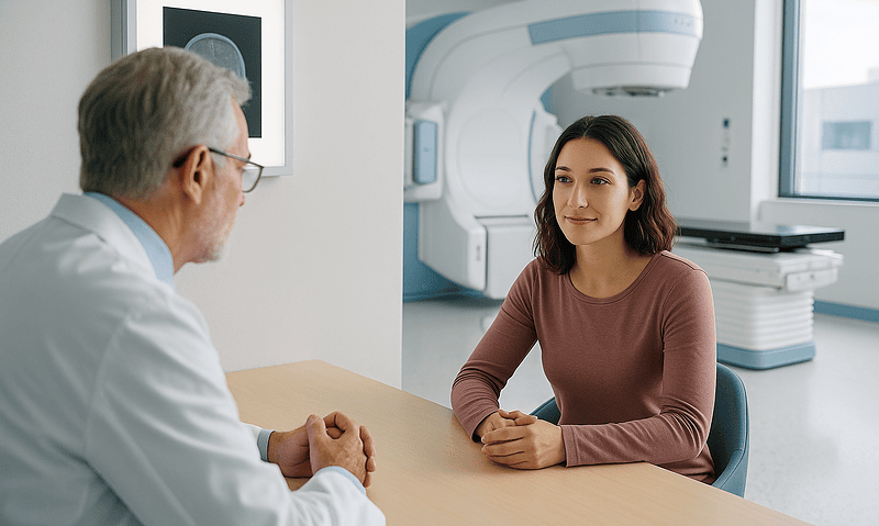 Doctor consulting with a patient in a modern medical facility.