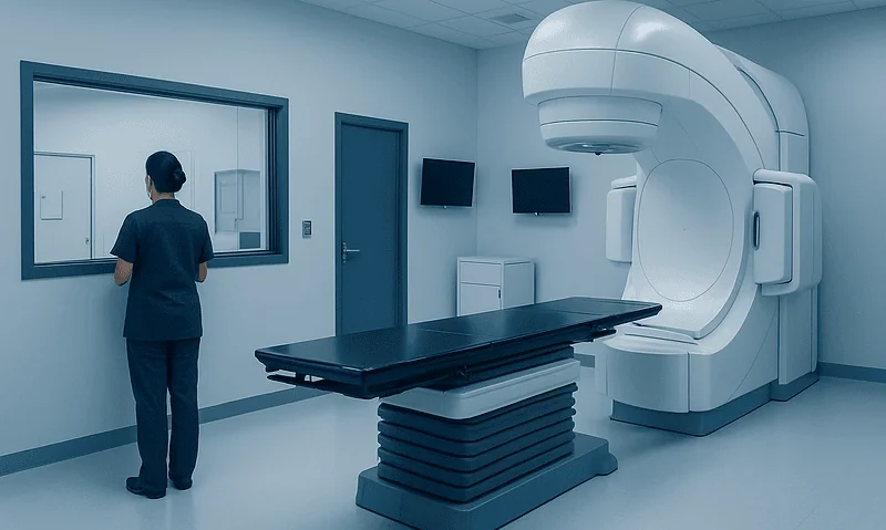Modern radiotherapy room with advanced imaging equipment at Acibadem Hospitals Group.