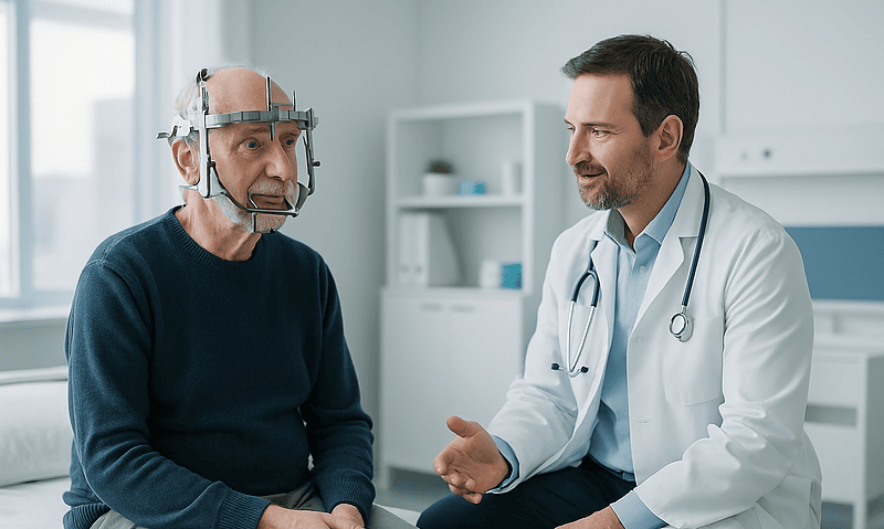 Doctor explains brain biopsy procedure to patient wearing head frame.