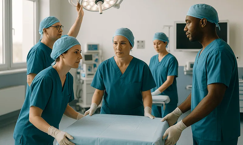 Medical team preparing for surgery in sterile operating room.