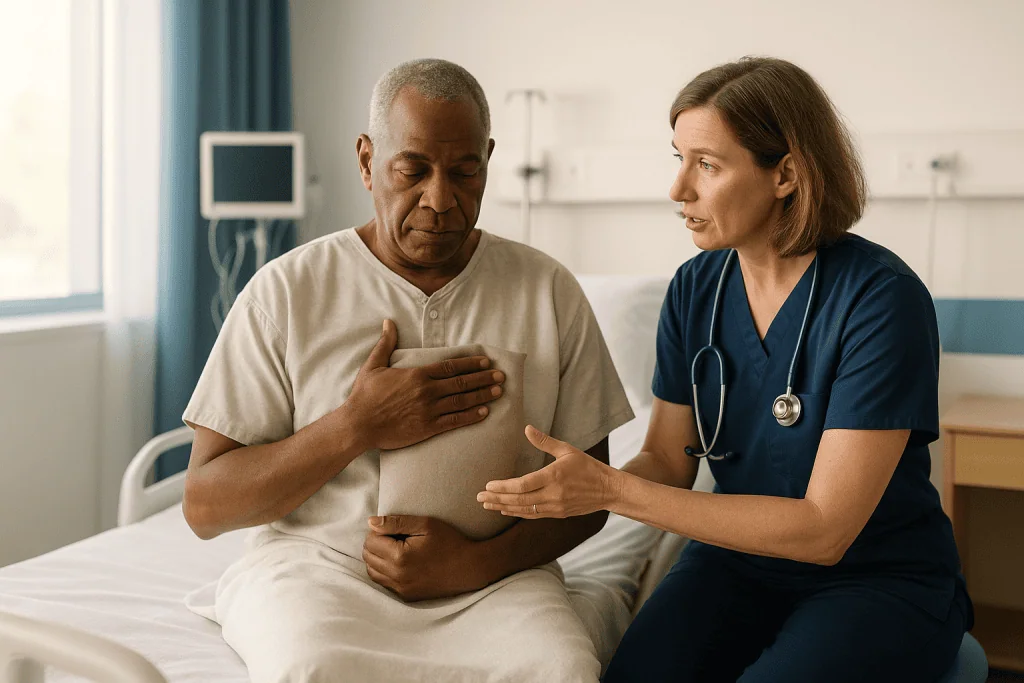 Doctor consulting with patient about chest pain or breathing: Sternum healing after bypass: how the breastbone knits back to