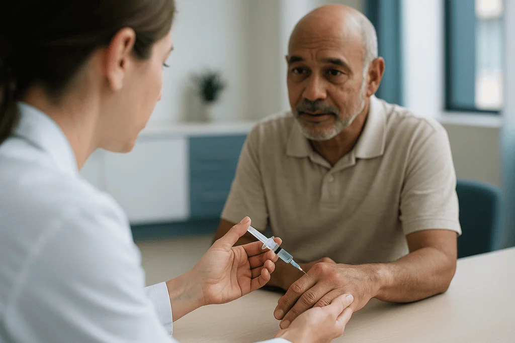 Healthcare provider administering injection to patient's hand: Steroid injection for gout: can it stop an attack?