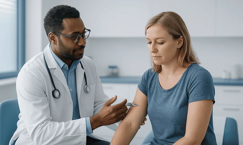 Doctor administering a steroid injection to a female patient in a clinical setting.