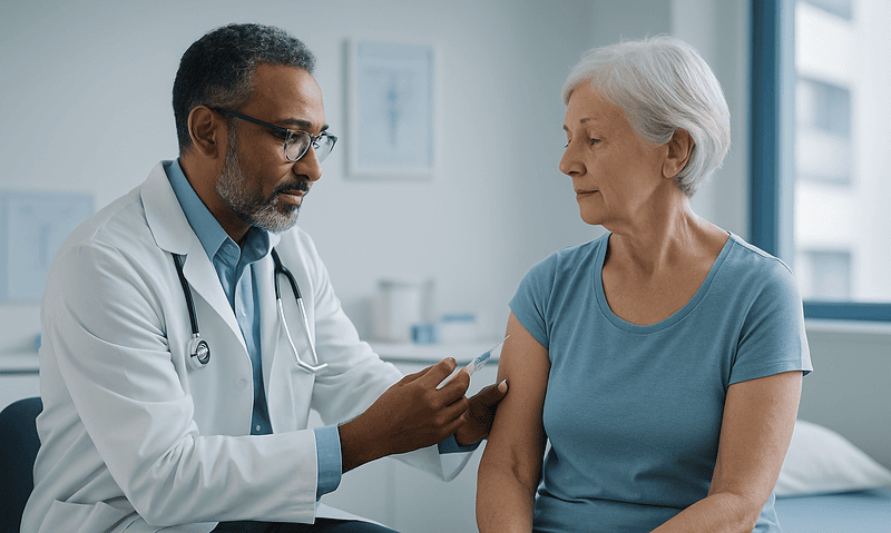 Doctor administering a vaccine to an elderly woman in a medical clinic.