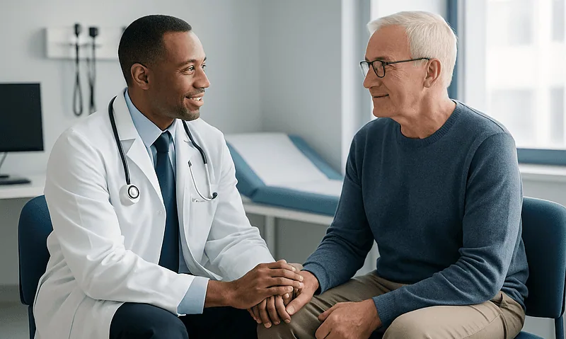 Doctor and patient having a consultation in a medical office.