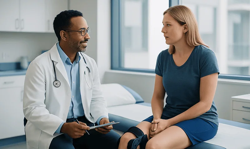 Doctor consulting with a patient about knee injury or surgery.