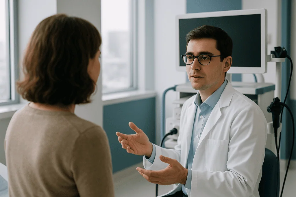 Stomach Cancer 1 Doctor consulting with a patient in a medical office setting.