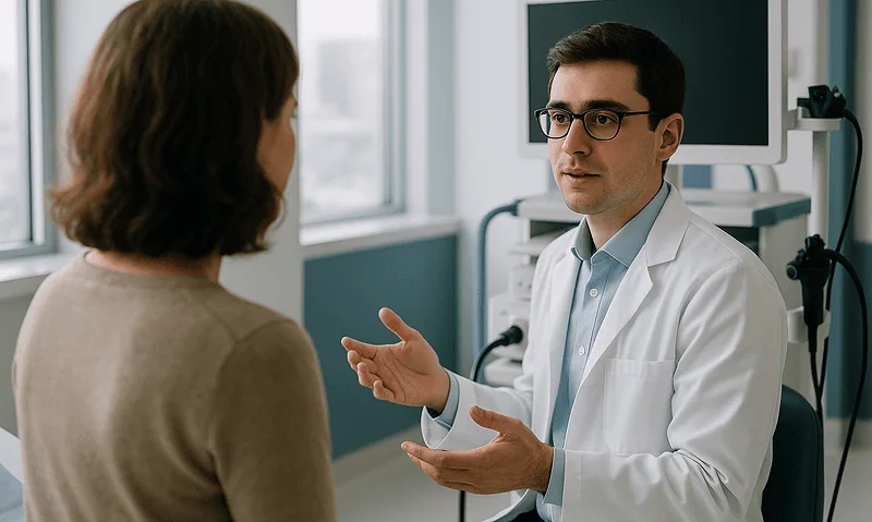 Doctor consulting with a patient in a medical office setting.