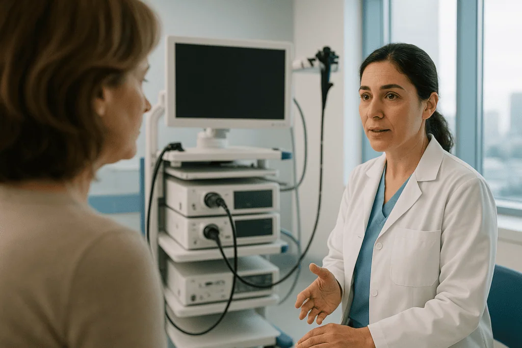 Stomach Cancer Treatment 1 Doctor consulting with patient about stomach cancer treatment options at Acibadem Hospital.