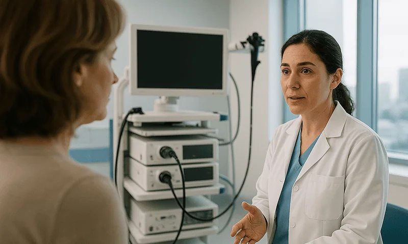 Doctor consulting with patient about stomach cancer treatment options at Acibadem Hospital.