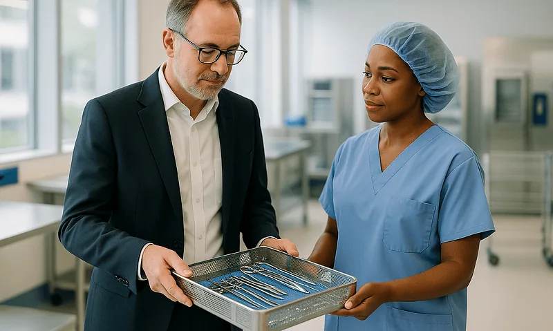 Doctor and nurse examining surgical instruments in hospital setting.