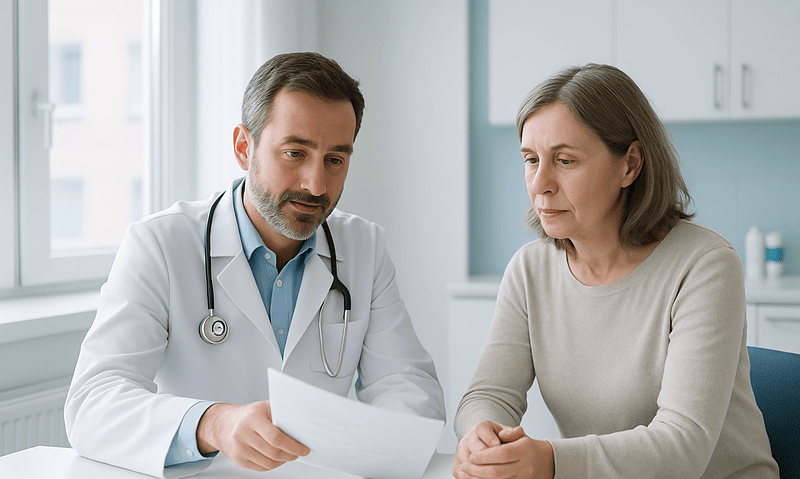 Doctor consulting with a middle-aged woman in a medical office setting.