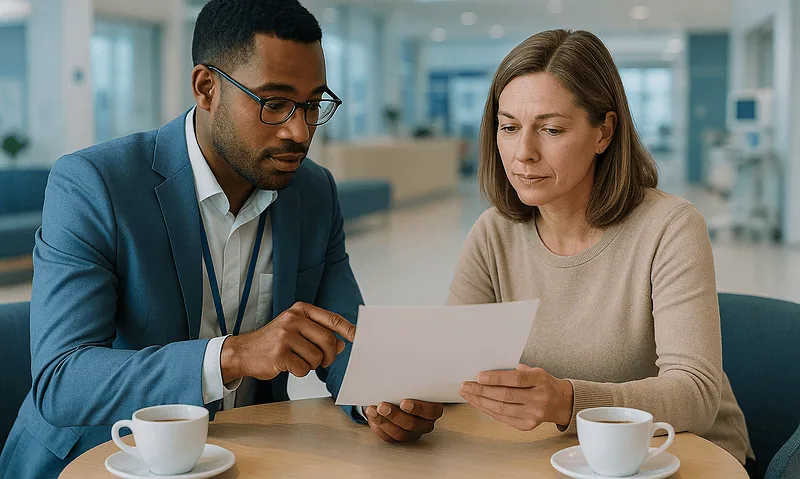 Medical consultation between a doctor and a woman in a hospital setting.