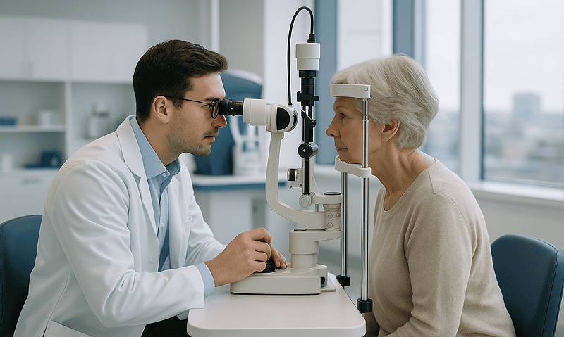 Ophthalmologist examining elderly woman's eyes with slit lamp in clinic.