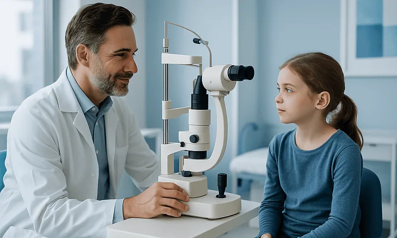 Pediatric eye exam using a slit lamp at Acibadem Hospital.