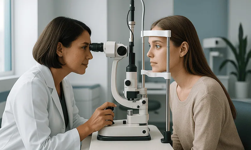 Ophthalmologist examining a patient's eyes with slit lamp in clinic.