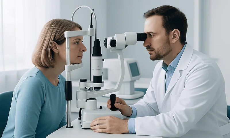 Ophthalmologist examining a patient's eyes with a slit lamp in a clinic.