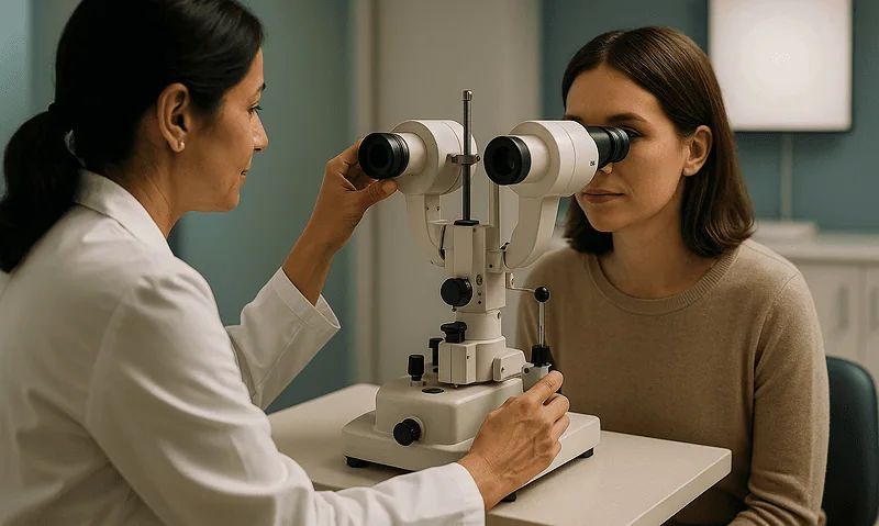 Ophthalmologist examining patient's eyes with a slit lamp in a clinic.