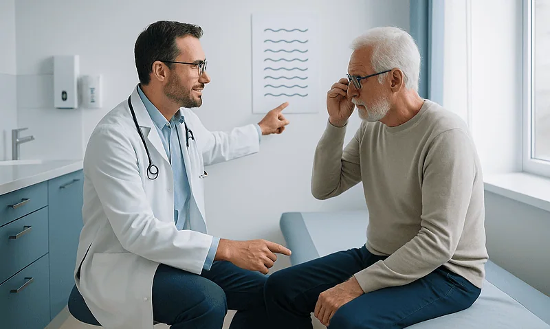 Ophthalmologist consulting with an elderly patient in a clinic setting.