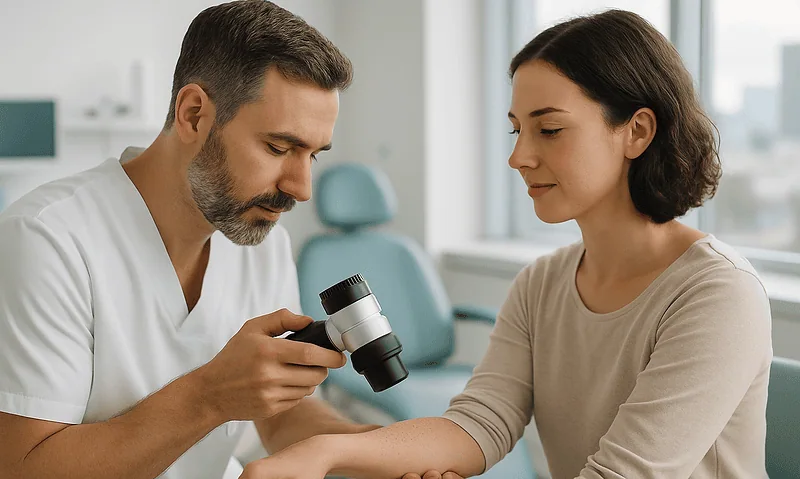 Dermatologist examining patient's skin with a magnifying glass in clinic.