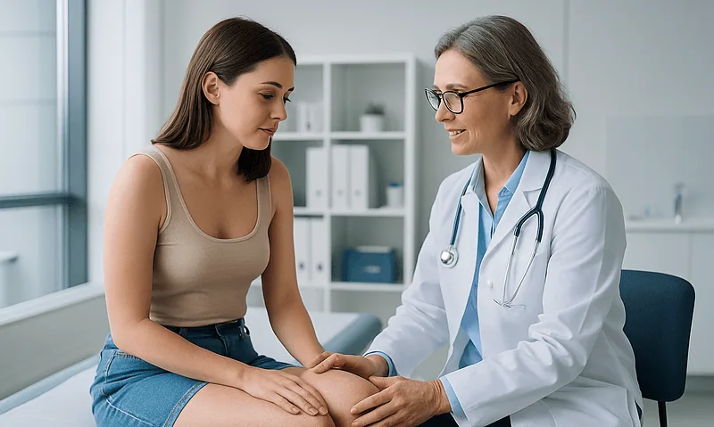 Doctor examining a patient's knee in a clinical setting.