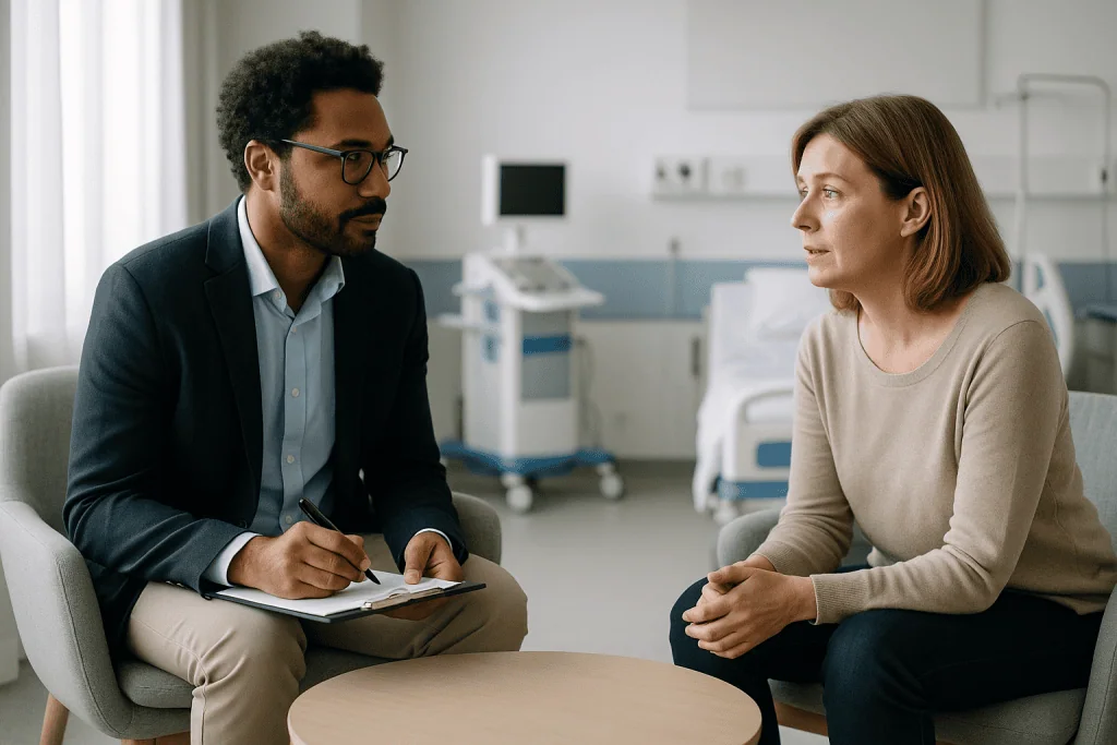 Stress and Burnout 1 Doctor consulting a patient in a hospital room for stress and burnout.