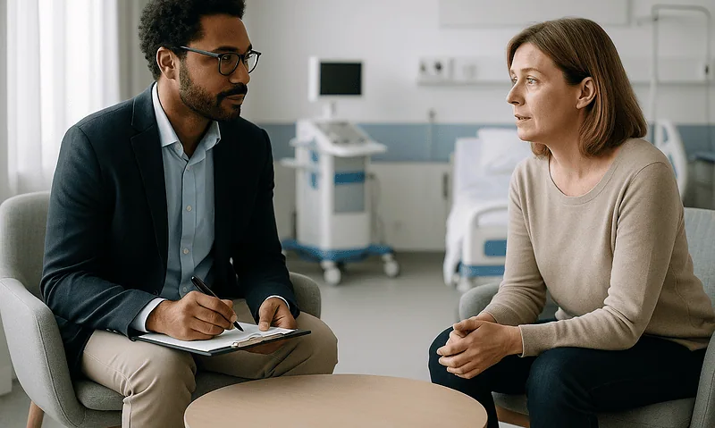 Doctor consulting a patient in a hospital room for stress and burnout.
