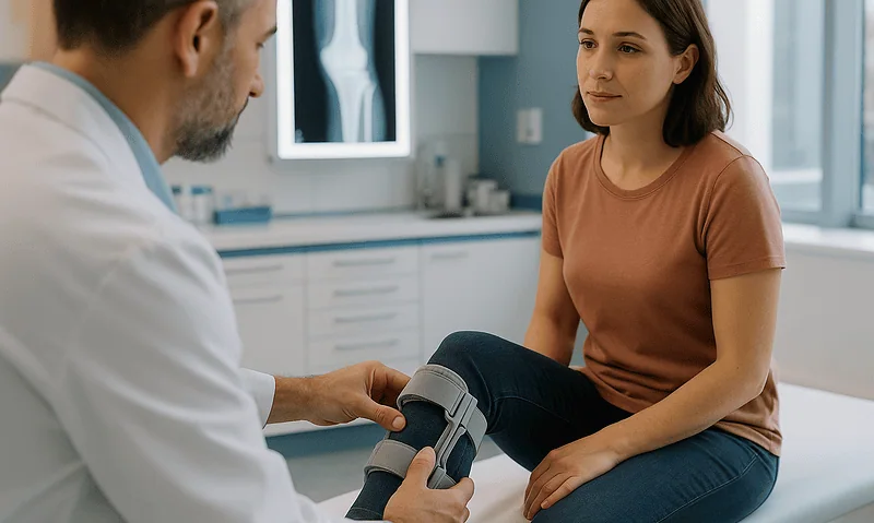 Doctor examining woman's knee with X-ray image in background.