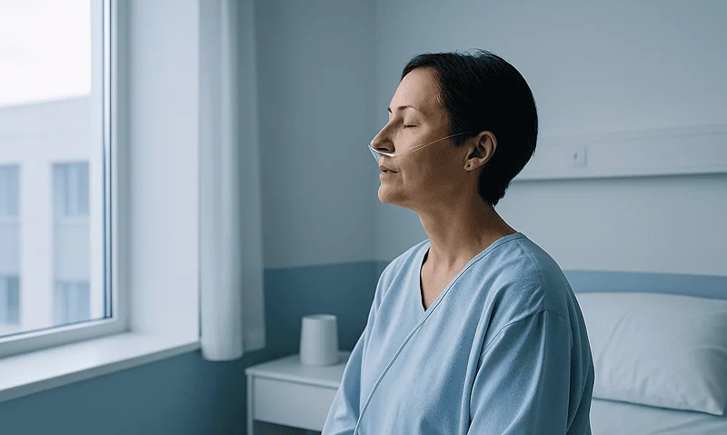 Woman in hospital gown meditating by window for stress relief.