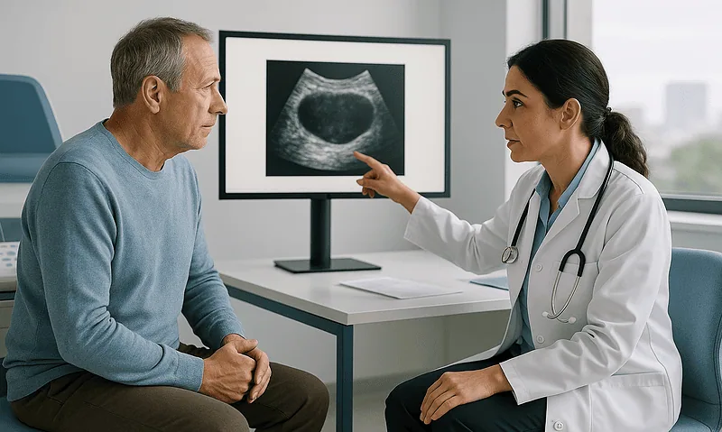 Doctor explaining ultrasound results to an elderly male patient in a clinic.